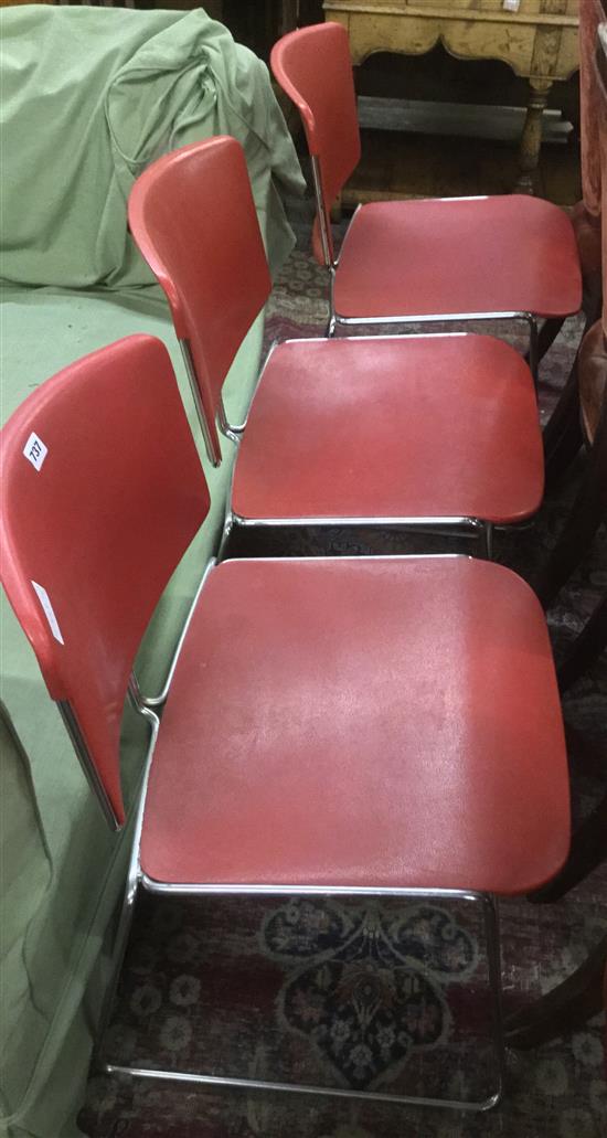 Three 1950s red plastic & chrome stacking chairs